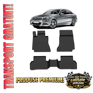 Set covorase Mercedes C-Class W204 din 2007 - 2014, covorase presuri tavita auto, cu tunel median intermediar din cauciuc thermoplastic, 4 Stickere auto cu Mercedes