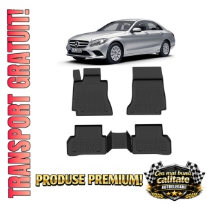 Set covorase Mercedes C-Class W205 din 2014 - 2020, covorase presuri tavita auto, cu tunel median intermediar din cauciuc thermoplastic, 4 Stickere auto cu Mercedes