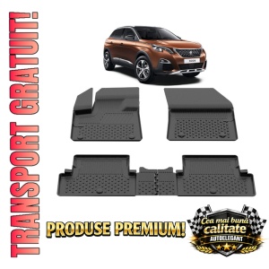 Set covorase Peugeot 3008 din 2016-2024, covorase presuri tavita auto, cu tunel median intermediar din cauciuc thermoplastic, 4 Stickere auto cu Peugeot