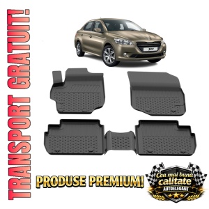 Set covorase Peugeot 301 din 2012, covorase presuri tavita auto, cu tunel median intermediar din cauciuc thermoplastic, 4 Stickere auto cu Peugeot
