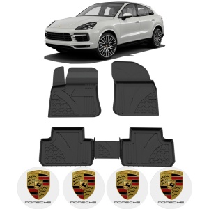 Set covorase Porsche Cayenne III Coupe din 2019, covorase presuri tavita auto, cu tunel median intermediar din cauciuc thermoplastic, 4 Stickere auto cu Porsche - Img 2