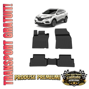Set covorase Renault Kadjar din 2015 - 2022, covorase presuri tavita auto, cu tunel median intermediar din cauciuc thermoplastic, 4 Stickere auto cu Renault