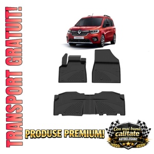 Set covorase Renault Kangoo din 2021, covorase presuri tavita auto, cu tunel median intermediar din cauciuc thermoplastic, 4 Stickere auto cu Renault