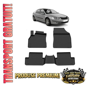 Set covorase Renault Laguna II 2001 - 2007, covorase presuri tavita auto, cu tunel median intermediar din cauciuc thermoplastic, 4 Stickere auto cu Renault