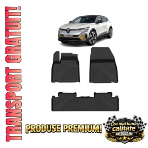 Set covorase Renault Megane E-Tech din 2022, covorase presuri tavita auto, cu tunel median intermediar din cauciuc thermoplastic, 4 Stickere auto cu Renault