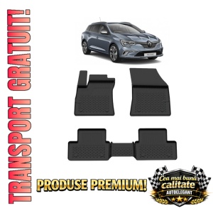 Set covorase Renault Megane IV Combi din 2016, covorase presuri tavita auto, cu tunel median intermediar din cauciuc thermoplastic, 4 Stickere auto cu Renault