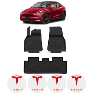 Set covorase Tesla Model Y din 2019-2024, covorase presuri tavita auto, cu tunel median intermediar din cauciuc thermoplastic, 4 Stickere auto cu Tesla - Img 2