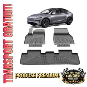 Set covorase Tesla Model Y Juniper din 2025, covorase presuri tavita auto, cu tunel median intermediar din cauciuc thermoplastic, 4 Stickere auto cu Tesla