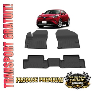 Set covorase Toyota C-HR I din 2016, covorase presuri tavita auto, cu tunel median intermediar din cauciuc thermoplastic, 4 Stickere auto cu Toyota