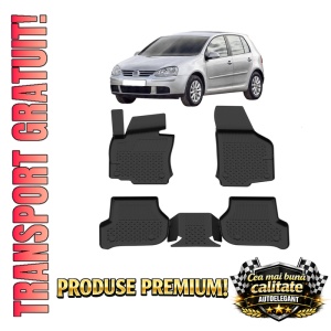 Set covorase Volkswagen Golf V din 2004 - 2008, covorase presuri tavita auto, cu tunel median intermediar din cauciuc thermoplastic, 4 Stickere auto cu Volkswagen