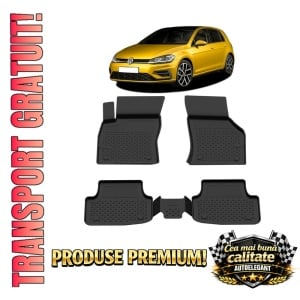 Set covorase Volkswagen Golf VII din 2013-2020, covorase presuri tavita auto, cu tunel median intermediar din cauciuc thermoplastic, 4 Stickere auto cu Volkswagen
