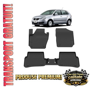 Set covorase Volkswagen Polo din 2002 - 2009, covorase presuri tavita auto, cu tunel median intermediar din cauciuc thermoplastic, 4 Stickere auto cu Volkswagen