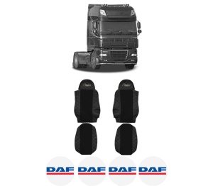 Set Huse Scaune Camion Tir DAF 95 XF din 1997-2002, Auto, Model ELEGANCE Q, Culoare Negru, 4x Stickere auto cu DAF