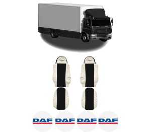 Set Huse Scaune Camion Tir DAF CF 65 din 2001-2013, Auto, Model ELEGANCE Q, Culoare Bej, 4x Stickere auto cu DAF