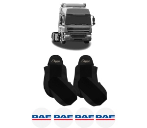 Set Huse Scaune Camion Tir DAF CF 85 din 2001-2020, Auto, Model ELEGANCE S, Culoare Negru, 4x Stickere auto cu DAF