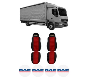 Set Huse Scaune Camion Tir DAF LF 55 din 2001-2009, Auto, Model CLASSIC, Culoare Rosu, 4x Stickere auto cu DAF