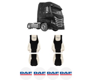 Set Huse Scaune Camion Tir DAF S-WAY din 2019-2023, Auto, Model ELEGANCE Q, Culoare Sampanie, 4x Stickere auto cu DAF