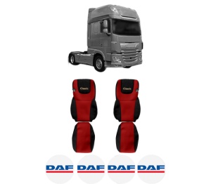 Set Huse Scaune Camion Tir DAF XF 106 din 2012-2017, Auto, Model CLASSIC, Culoare Rosu, 4x Stickere auto cu DAF