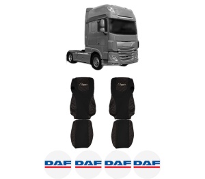 Set Huse Scaune Camion Tir DAF XF 106 din 2012-2017, Auto, Model ELEGANCE Q, Culoare Negru/Rosu, 4x Stickere auto cu DAF