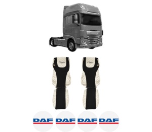 Set Huse Scaune Camion Tir DAF XF 106 din 2012-2017, Auto, Model ELEGANCE Q, Culoare Bej, 4x Stickere auto cu DAF