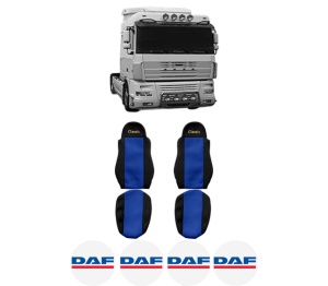 Set Huse Scaune Camion Tir DAF XF 95 din 2002-2006, Auto, Model CLASSIC, Culoare Albastru, 4x Stickere auto cu DAF