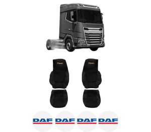 Set Huse Scaune Camion Tir DAF XF II din 2021-2023, Auto, Model CLASSIC, Culoare Negru, 4x Stickere auto cu DAF