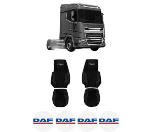 Set Huse Scaune Camion Tir DAF XF II din 2021-2023, Auto, Model ELEGANCE S, Culoare Negru, 4x Stickere auto cu DAF