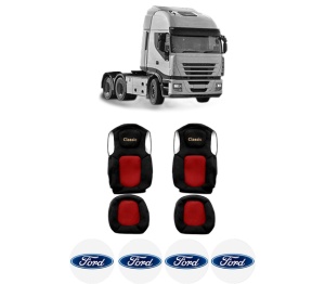 Set Huse Scaune Camion Tir FORD STRALIS II din 2012-2017, Auto, Model CLASSIC, Culoare Rosu, 4x Stickere auto cu FORD