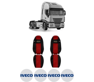 Set Huse Scaune Camion Tir Iveco STRALIS II din 2012-2017, Auto, Model CLASSIC, Culoare Rosu, 4x Stickere auto cu Iveco