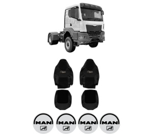 Set Huse Scaune Camion Tir MAN TGS II din 2020, Auto, Model ELEGANCE S, Culoare Negru, 4x Stickere auto cu MAN