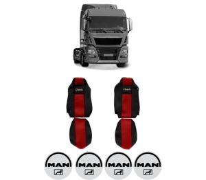 Set Huse Scaune Camion Tir MAN TGX I din 2006-2021, Auto, Model CLASSIC, Culoare Rosu, 4x Stickere auto cu MAN