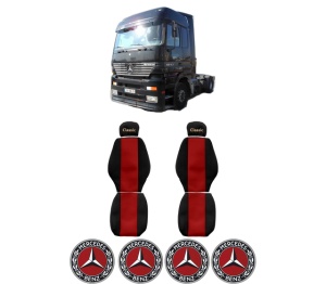 Set Huse Scaune Camion Tir MERCEDES-BENZ ACTROS din 1996-2003, Auto, Model CLASSIC, Culoare Rosu, 4x Stickere auto cu MERCEDES-BENZ