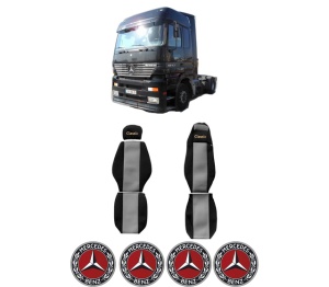 Set Huse Scaune Camion Tir MERCEDES-BENZ ACTROS din 1996-2003, Auto, Model CLASSIC, Culoare Gri, 4x Stickere auto cu MERCEDES-BENZ