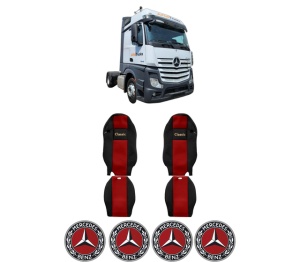 Set Huse Scaune Camion Tir MERCEDES-BENZ ACTROS MP4 / MP5 din 2011-2024, Auto, Model CLASSIC, Culoare Rosu, 4x Stickere auto cu MERCEDES-BENZ