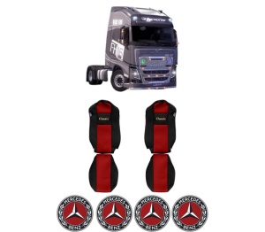 Set Huse Scaune Camion Tir MERCEDES-BENZ FH16 II din 2012-2014, Auto, Model CLASSIC, Culoare Rosu, 4x Stickere auto cu MERCEDES-BENZ