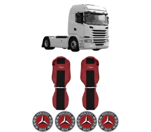 Set Huse Scaune Camion Tir MERCEDES-BENZ G I din 2003-2019, Auto, Model ELEGANCE Q, Culoare Rosu, 4x Stickere auto cu MERCEDES-BENZ