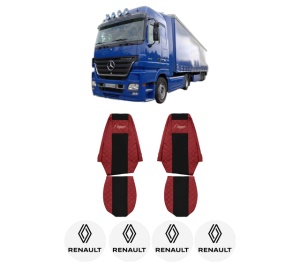 Set Huse Scaune Camion Tir RENAULT TRUCKS ACTROS MP2 / MP3 din 2002-2009, Auto, Model ELEGANCE Q, Culoare Rosu, 4x Stickere auto cu RENAULT TRUCKS
