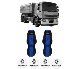 Set Huse Scaune Camion Tir RENAULT TRUCKS PREMIUM 2 din 2005-2009, Auto, Model CLASSIC, Culoare Albastru, 4x Stickere auto cu RENAULT TRUCKS