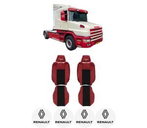 Set Huse Scaune Camion Tir RENAULT TRUCKS T din 2004-2019, Auto, Model ELEGANCE Q, Culoare Rosu, 4x Stickere auto cu RENAULT TRUCKS