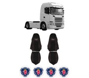 Set Huse Scaune Camion Tir SCANIA G I din 2003-2019, Auto, Model ELEGANCE Q, Culoare Negru/Rosu, 4x Stickere auto cu SCANIA