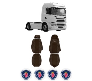Set Huse Scaune Camion Tir SCANIA G I din 2003-2019, Auto, Model ELEGANCE Q, Culoare Maro, 4x Stickere auto cu SCANIA