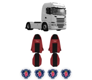 Set Huse Scaune Camion Tir SCANIA G I din 2003-2019, Auto, Model ELEGANCE Q, Culoare Rosu, 4x Stickere auto cu SCANIA