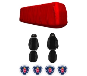 Set Huse Scaune Camion Tir SCANIA L din 2017-2023, Auto, Model ELEGANCE Q, Culoare Negru, 4x Stickere auto cu SCANIA