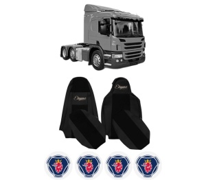 Set Huse Scaune Camion Tir SCANIA P I din 2003-2019, Auto, Model ELEGANCE S, Culoare Negru, 4x Stickere auto cu SCANIA