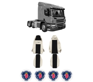 Set Huse Scaune Camion Tir SCANIA P I din 2003-2019, Auto, Model ELEGANCE Q, Culoare Bej, 4x Stickere auto cu SCANIA