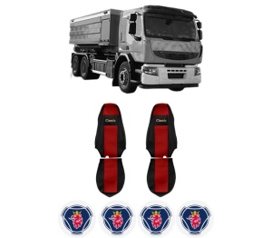 Set Huse Scaune Camion Tir SCANIA PREMIUM 2 din 2005-2009, Auto, Model CLASSIC, Culoare Rosu, 4x Stickere auto cu SCANIA