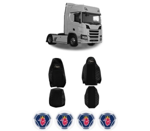 Set Huse Scaune Camion Tir SCANIA R II din 2016-2024, Auto, Model ELEGANCE Q, Culoare Negru, 4x Stickere auto cu SCANIA