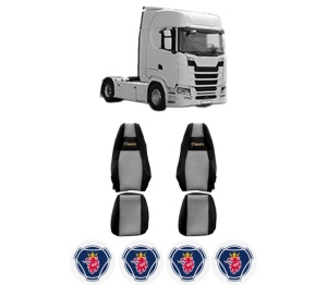 Set Huse Scaune Camion Tir SCANIA S din 2016-2023, Auto, Model CLASSIC, Culoare Gri, 4x Stickere auto cu SCANIA