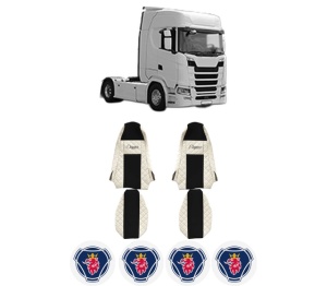Set Huse Scaune Camion Tir SCANIA S din 2016-2023, Auto, Model ELEGANCE Q, Culoare Bej, 4x Stickere auto cu SCANIA