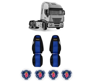 Set Huse Scaune Camion Tir SCANIA STRALIS II din 2012-2017, Auto, Model CLASSIC, Culoare Albastru, 4x Stickere auto cu SCANIA